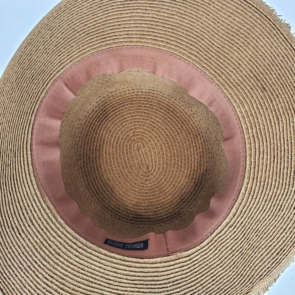 Bijoux‎ Terner Floppy Sun Hat Wide Brim Frayed Edge Tan Beach Vacation Wear